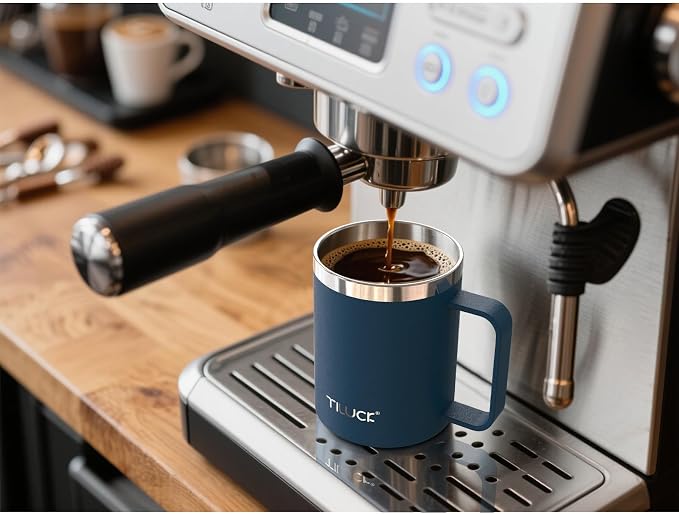 TILUCK 12 oz Insulated Coffee Mug with Lid, Double Wall Vacuum Insulated Travel Mug Cup with Handle for Hot or Cold Drinks（12oz，Matte DarkBlue）
