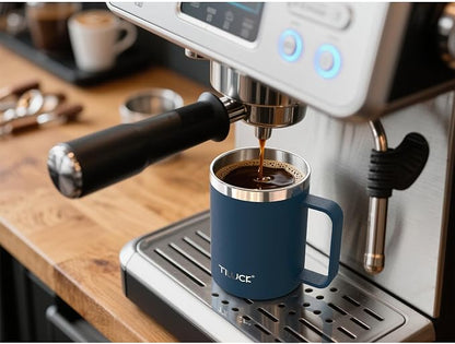 TILUCK 12 oz Insulated Coffee Mug with Lid, Double Wall Vacuum Insulated Travel Mug Cup with Handle for Hot or Cold Drinks（12oz，Matte DarkBlue）