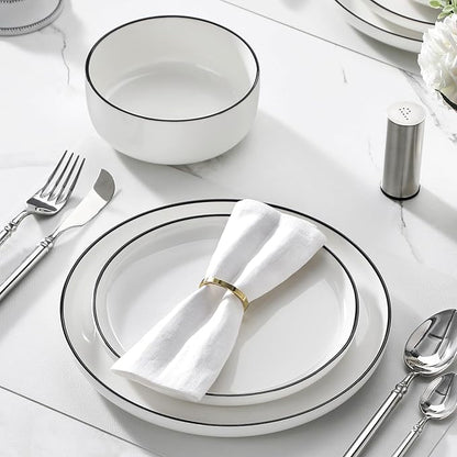 MALACASA Plates and Bowls Sets, 18 Pieces Modern Porcelain Dinnerware Set for 6 White Kitchen Dinner Ware Set wtih Black Rim Ceramic Dishware Dishes Microwave and Dishwasher Safe, Series LUNA