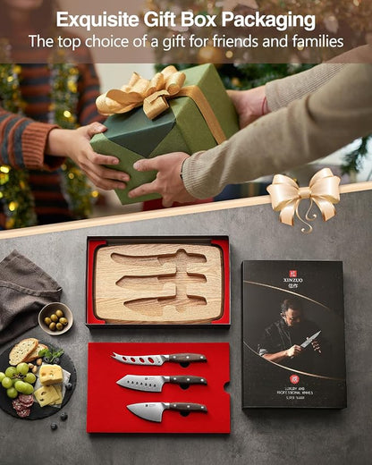 XINZUO Cheese Knife Set with In-Drawer Block, 4-Piece for Charcuterie Board,Hard Cheese Knife-Parmesan Cheese Knife,German Stainless Steel,Red Sandalwood Handle