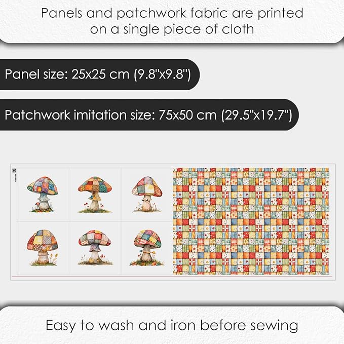 Patchwork Mushroom Cotton Fabric Panel – 6 Designs (10×10 inch Each) + Bonus Sheet 29.5×19.6 inch, 100% Cotton 140 GSM, Made in Türkiye