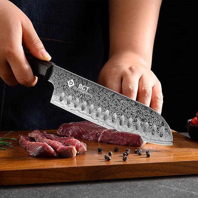 BGT Kiritsuke Knife, 8 inch Japanese Chef Knife, Japanese 67 Layer VG-10 Damascus Steel Kitchen Knife with Ebony Wood Handle and Gift Box. (Santoku knife)