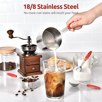 Measuring Cups and Spoons Set: U-Taste 18/8 Stainless Steel 10 Pieces Metal Stacking Kitchen Baking Cooking Food Measure Set 5 Cups 5 Spoons with Strengthened Weld Joints (Red Upgraded Version)
