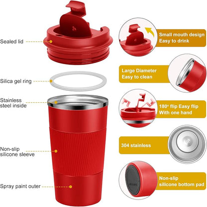 YINJAM 12oz Travel Coffee Mug Insulated Coffee Cups to Go with Leakproof Lid Vacuum Stainless Steel Double Walled Thermal Car Coffee Tumbler for Hot Cold Iced Tea Drinks Reusable (Red, 12oz)