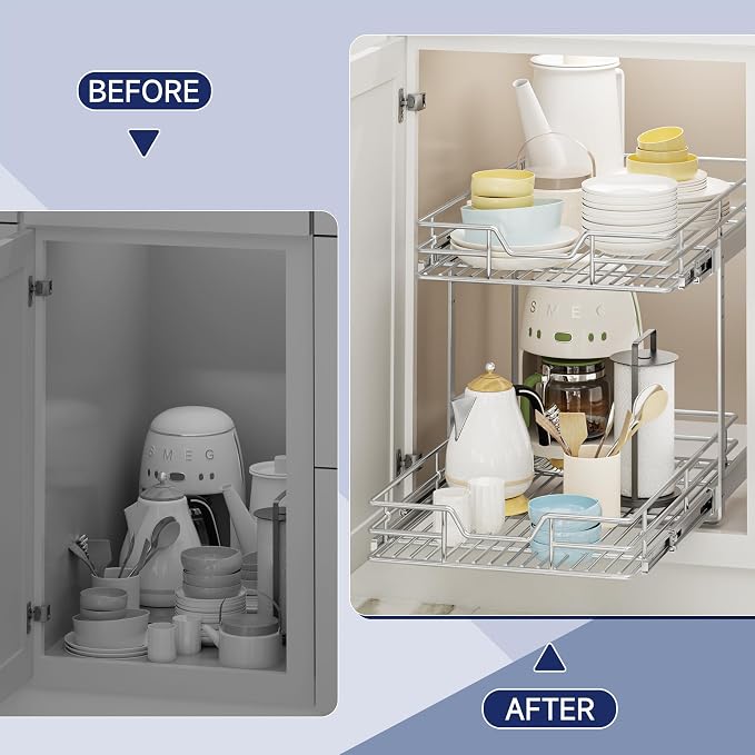 2-Tier Pull Out Cabinet Organizer, 13.5" W x 18" D, Heavy Duty Dual Slide Out Shelves for Base Cabinets, Chrome Wire Basket Drawer for Pantry, Kitchen & Bathroom Storage