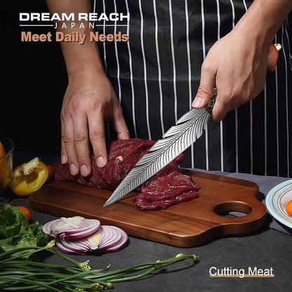 Dream Reach Feather Viking Knife – Hand-Forged Boning Knife with Sheath, 7" High Carbon Steel Butcher Tool for Meat Cutting, Camping BBQ Gifts for Men Women