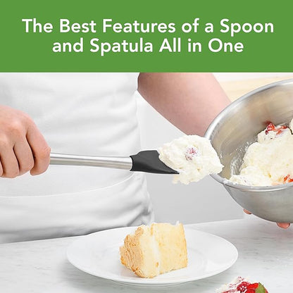 Tovolo Spoon Spatula Spoonula with Stainless Steel Handle Ergonomic Grip Black, Silicone Scoopula Kitchen Utensil Non Scratch Easy Clean Dishwasher Safe Heat Resistant Flex Core Scoop Spatula