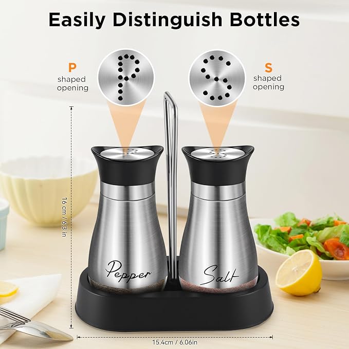 Salt and Pepper Shakers Set, 4 oz Stainless Steel Salt Shaker, Farmhouse Salt Pepper Shaker Containers with Glass Bottom for Kitchen Gadgets Cooking Table, BBQ, Bar, RV, Camp (Silver)