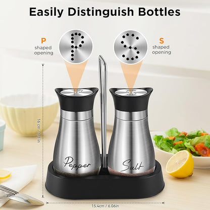 Salt and Pepper Shakers Set, 4 oz Stainless Steel Salt Shaker, Farmhouse Salt Pepper Shaker Containers with Glass Bottom for Kitchen Gadgets Cooking Table, BBQ, Bar, RV, Camp (Silver)