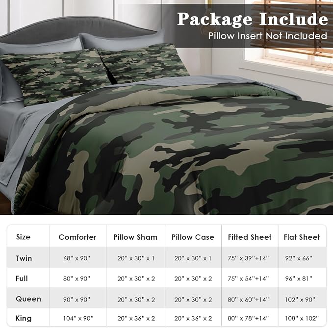 Pamnest Comforter Set King Size, Camo Army Camouflage 7 Pcs Bedding for Kids and Adults, Military Bed Sheet Sets with Fitted Sheet 2 Pillowcase & 2 Sham for Bedroom Bed Decor