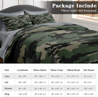 Pamnest Comforter Set Full Size, Camo Army Camouflage 7 Pcs Bedding for Kids and Adults, Military Bed Sheet Sets with Fitted Sheet 2 Pillowcase & 2 Sham for Bedroom Bed Decor