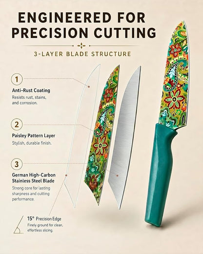 Astercook Paisley Pattern Knife Set with Cover, Dishwasher Safe Colorful Knives with 6 Knife Sheath, German Stainless Steel Rainbow Knife Set