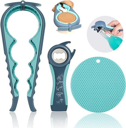 Jar Opener for Weak Hands, Seniors with Arthritis, 5 in 1 Multi Function Bottle Opener Lid Opener For Arthritic Hands with Non Slip Rubber Jar opener Gripper Pad(blue)