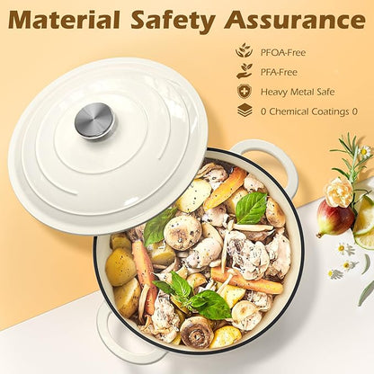 Umite Chef Enameled Cast Iron Dutch Oven-7QT Pot with Lid Cookbook & Cotton, Heavy-Duty Cookware for for Bread Baking, Braising, Stews, Marinate, Cook(Cream White)