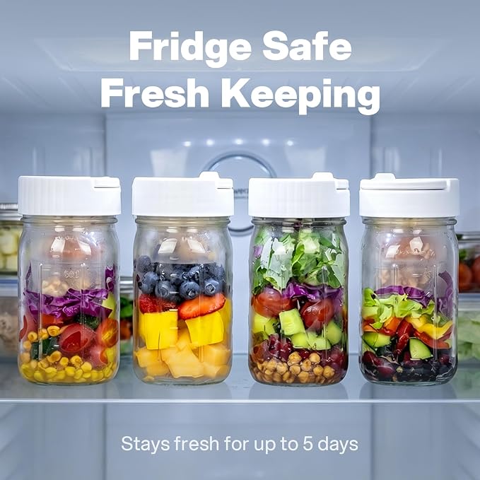 CLEANGOR 4 Pack 32 oz Glass Salad Jars Meal Prep Containers, Leakproof Mason Jars with Handle, 3 Built-in Divider Cups Wet/Dry Separation for Dressing Nuts Dry Ingredients, Ideal for Office Lunch Gym