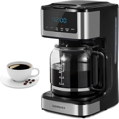 Ihomekee Coffee Maker, Programmable Drip Coffee Maker 12 Cup, Regular & Strong Brew Drip Coffee Machine with Iced Coffee Function for Home and Office, Black & Stainless Steel (Black,Silver)