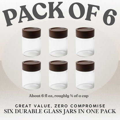 Wide Mouth Glass Storage Jars With 2.5" Acacia Wood Lids - 6 Pack of 6 Oz Food Storage Containers - Borosilicate Glass Canisters Sets For Kitchen - Pantry Organizers and Storage for Flour Rice Coffee