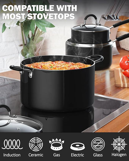 Cook N Home Professional Pots and Pans Kitchen Cookware Set - Includes Saucepans with Lid, Stockpot with Lid, Frying Pans, Heavy Nonstick, 8-Piece, Black