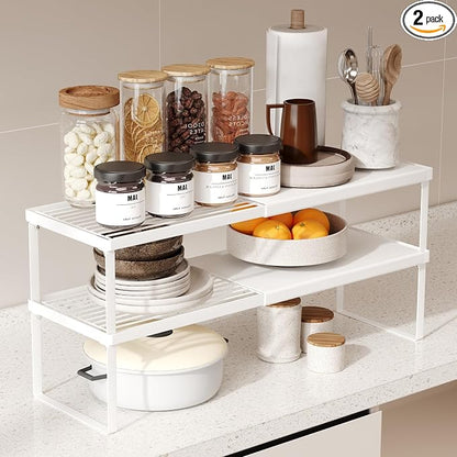 Magheo Expandable Cabinet Shelf Organizer, 2 Pack Stackable Kitchen Counter Shelf Riser, Metal Spice Rack Heavy Duty Countertop Organizer Storage for Kitchen, Pantry, Cupboard, Rv (5.9in Height,White)