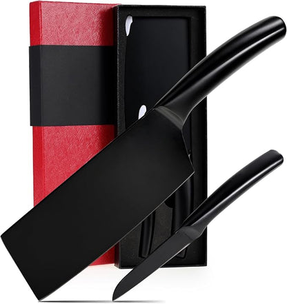 SHI BA ZI ZUO 2 Pieces Meat Cleaver and Fruit Knife, Kitchen knives Set,Black Ti Coating Cleaver knives Slicing Knife Paring knives with Hollow Handle