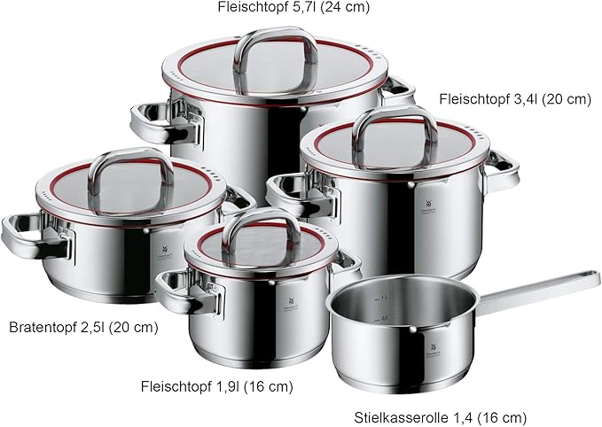 WMF Function 4 5-Piece Induction Saucepan Set, Glass Lid with 4 Pouring Functions, Polished Cromargan Stainless Steel, Induction Pots Set, Inner Scale