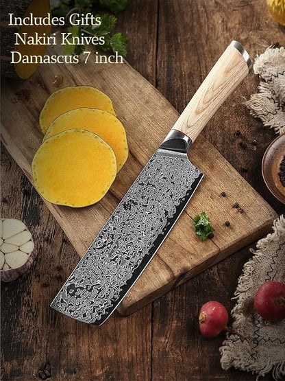 VG10 7inch Nakiri 67 layers Damascus Forged Stainless Steel kitch Knife PAKKA Handles.Black Walnut Wood Sheath Single-piece set