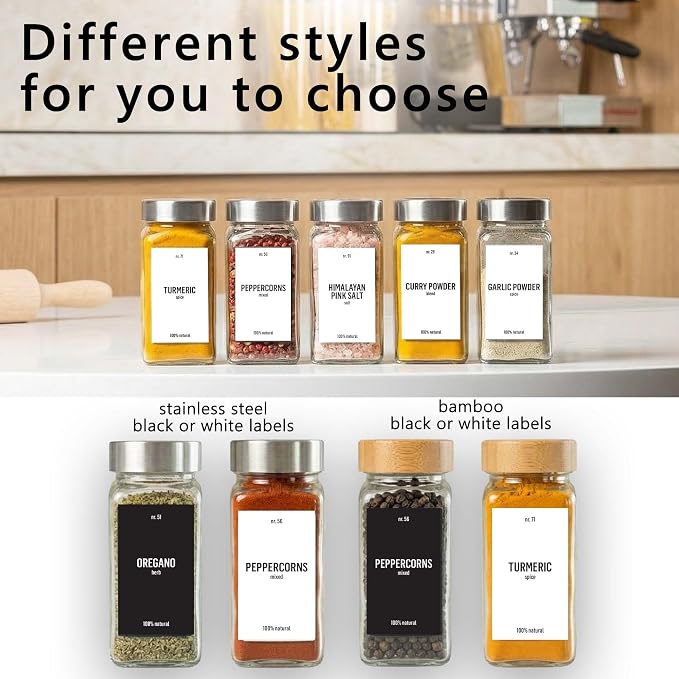 Deco haus Glass Spice Jars with Label 36x4oz [WHITE LABELS incl] Spice Containers with Labels, Shaker Lids & Funnel - Empty Herb Seasoning Containers, Small Seasoning Bottles for Herb with Lid