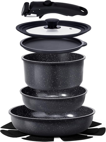 GiPP Ceramic Non Stick Pots and Pans Set,Nonstick Detachable Handle Cookware Sets,Healthy Non Toxic PFAS PFOA & PTFE Free, Dishwasher ＆Oven Safe, Induction Kitchen Pot and Pan, 8 Piece Grey