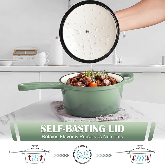 E-far 1Qt & 2Qt Sauce Pan Set, Enameled Cast Iron Saucepans Pot with Self-basting Lids, Heavy Duty Small Dutch Oven for Stove, Induction-Ready & Easy Clean, Pistachio Green