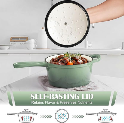 E-far 1Qt & 2Qt Sauce Pan Set, Enameled Cast Iron Saucepans Pot with Self-basting Lids, Heavy Duty Small Dutch Oven for Stove, Induction-Ready & Easy Clean, Pistachio Green
