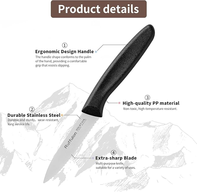 Stainless Steel Paring Knife With Serrated Blade, 6 Pieces Set Vegetable and Fruit Knife, Ultra Sharp Small Kitchen Knife, Black Paring Knives with PP Plastic Ergonomic Handle.
