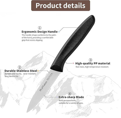 Stainless Steel Paring Knife With Serrated Blade, 6 Pieces Set Vegetable and Fruit Knife, Ultra Sharp Small Kitchen Knife, Black Paring Knives with PP Plastic Ergonomic Handle.