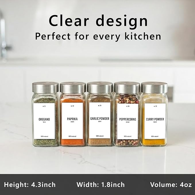 Deco haus Glass Spice Jars with Label 36x4oz [WHITE LABELS incl] Spice Containers with Labels, Shaker Lids & Funnel - Empty Herb Seasoning Containers, Small Seasoning Bottles for Herb with Lid