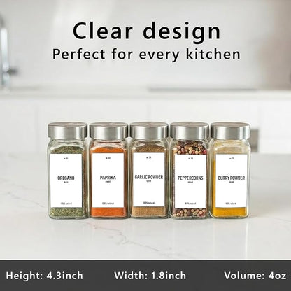 Deco haus Glass Spice Jars with Label 36x4oz [WHITE LABELS incl] Spice Containers with Labels, Shaker Lids & Funnel - Empty Herb Seasoning Containers, Small Seasoning Bottles for Herb with Lid