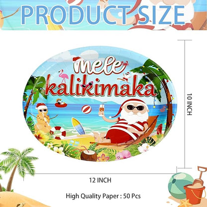 50Pcs Christmas in July Party Decorations 10" x 12" Tropical Hawaiian Santa Heavy Duty Oval Paper Plates Mele kalikimaka Disposable Tableware for Summer Christmas Beach Pool Party Supplies