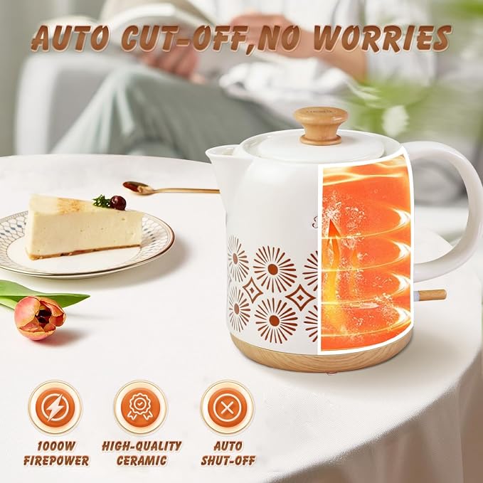 Ceramic Electric Kettle 1 Quarts, Automatic Shut Off, Porcelain Teapot, Hot Water Electric Boiler with LED Light, Boil Dry Protection, Short Spout 1000W Rapid Boiling Water for Tea Coffee