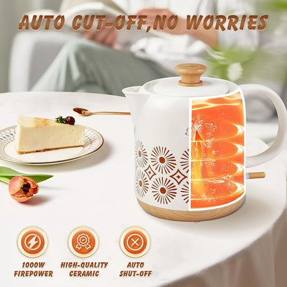 Ceramic Electric Kettle 1 Quarts, Automatic Shut Off, Porcelain Teapot, Hot Water Electric Boiler with LED Light, Boil Dry Protection, Short Spout 1000W Rapid Boiling Water for Tea Coffee