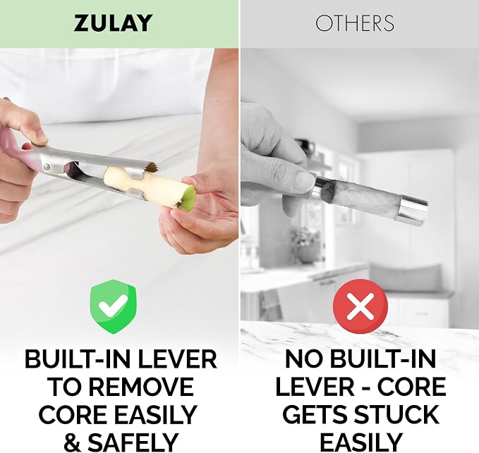 Zulay Kitchen Ultra Sharp Apple Corer Tool - Stainless Steel, Sharp & Serrated Blade Cores in Seconds - Easy to Use & Clean, Durable Apple Core Remover for Apples & Small Fruits - Pink