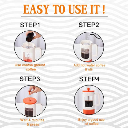 YOLIFE French Press Coffee Maker, 34 oz / 4 Cup Coffee Tea Press with Heat-resistant Borosilicate Glass, 4-Level Filtration Systems, Cold Brew Coffee Maker for Camping Travel Gifts, White and Orange