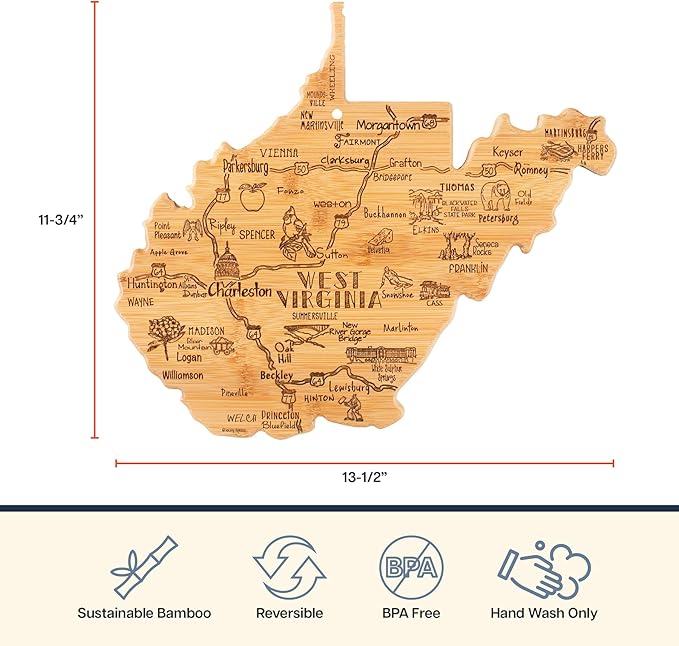 Totally Bamboo Destination West Virginia Shaped Cutting Board – Bamboo Charcuterie and Serving Board with Hang Tie for Wall Display