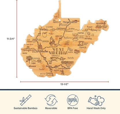 Totally Bamboo Destination West Virginia Shaped Cutting Board – Bamboo Charcuterie and Serving Board with Hang Tie for Wall Display