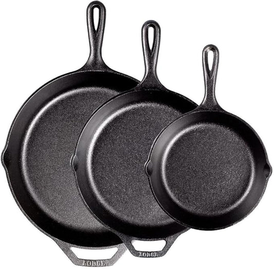 Lodge Seasoned Cast Iron Skillet Set 8, 10.25 & 12 Inches - PFAS-Free, Non-Toxic Cookware - Use with an Oven, Stove, Grill, or Campfire - Naturally Non-Stick & Oven Safe