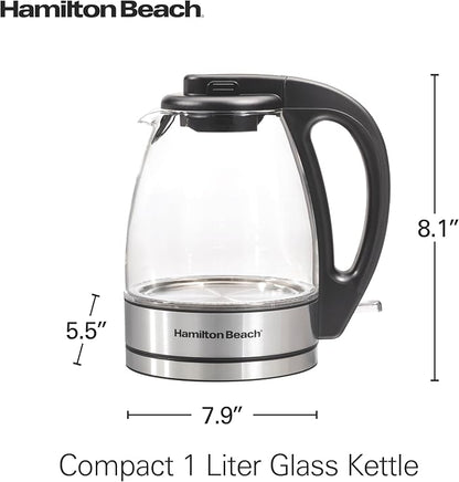 Hamilton Beach Electric Tea Kettle, Water Boiler & Heater, 1 Liter, 1500 Watts for Fast Boiling, BPA Free, Cordless Serving, Auto-Shutoff & Boil-Dry Protection, Blue LED, Glass (40930)