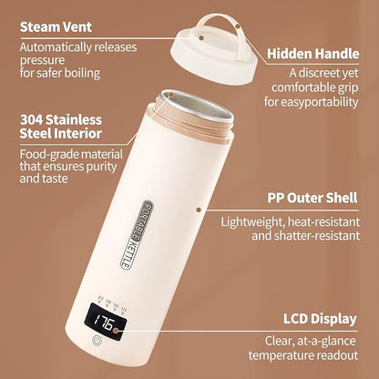 Travel Kettle, Portable Electric Kettle with 4 Temperature Controls, 304 Stainless Steel with Auto Shut-off & Leak Proof, Beige(120V)