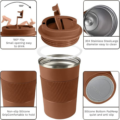 YINBAOGE Insulated Travel Coffee Mug, Spill & Leak Proof, Portable To Go Camping Stainless Steel Coffee Tumbler, Reusable Thermal Coffee Cup with Lid for Hot & Cold Drinks (Brown, 12 OZ)