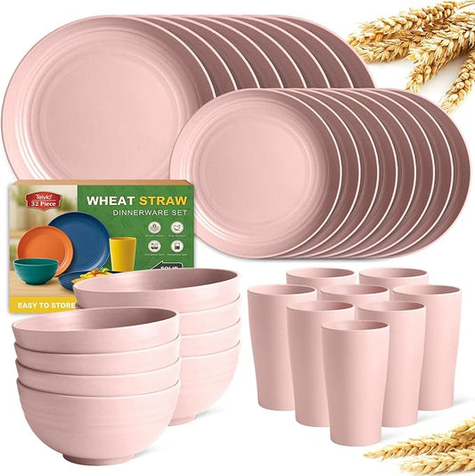 Teivio 32-Piece Kitchen Plastic Wheat Straw Dinnerware Set, Service for 8, Dinner Plates, Dessert Plate, Cereal Bowls, Cups, Unbreakable Colorful Plastic Outdoor Camping Dishes, Pink
