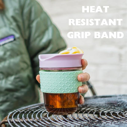 Travel Mug Loose Tea Infuser - Detachable Tea Strainer with Spillproof Lid - BPA-Free Reusable Glass Travel Coffee Cup with Silicone Band (Gray and Pink, 12oz)