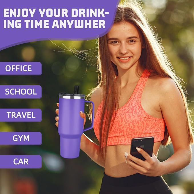 40 oz Tumbler with Handle and Flip Straw, 100% Leakproof Insulated Tumbler with Lid and Straw, Stainless Steel Travel Coffee Mug, Insulated Coffee Thermal Cup for Cold and Hot (Purple)
