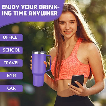40 oz Tumbler with Handle and Flip Straw, 100% Leakproof Insulated Tumbler with Lid and Straw, Stainless Steel Travel Coffee Mug, Insulated Coffee Thermal Cup for Cold and Hot (Purple)