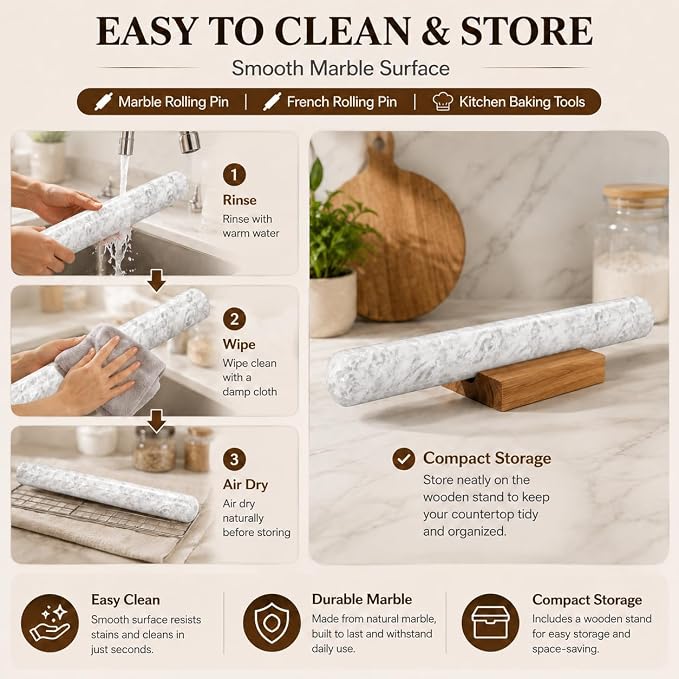 Marble French Rolling Pin for Baking, FiiMan 12 Inch Marble Rolling Pins with Wooden Stand, Heavy Stone French Polished Non-Stick Roller Pins For Baking Cookie Pizza Pastr (White)